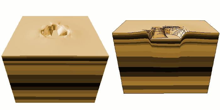 Visualizations of simulated fossilised dinosaur foot prints showing the distortion to the layers beneath the foot print.