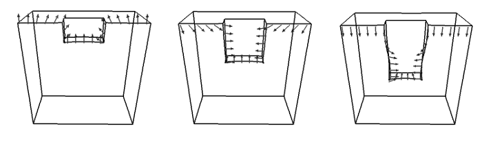 Shows the same time steps given in the previous image but just with the arrows showing how the wall of the hole the subside.