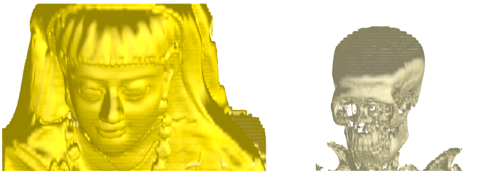 Volume rendering of the Egyptian Mummy. On the left is the cartonage mask while on the right is her skull. Both renderings were taken from the same camera view. This shows that the Mummy is not lying flat beneath the mask; her head is twisted down and is 'looking' to her right.
